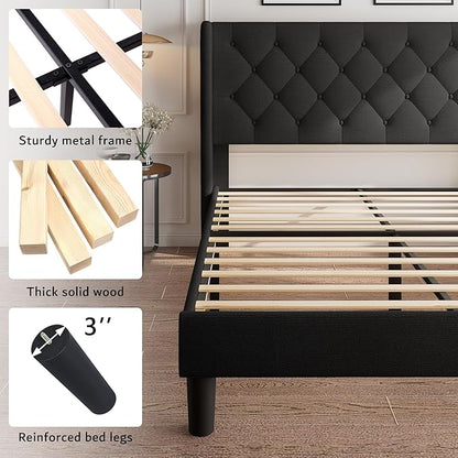 iPormis Full Size Platform Bed Frame with Button Tufted Headboard, Upholstered Bed Frame with Solid Wooden Slats, 8" Underbed Space, No Box Spring Needed, Noise Free, Easy Assembly, Black