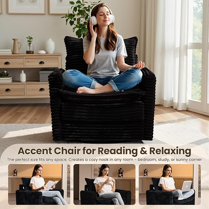 98" Modular Sectional Sofa with Swivel Chairs, Modern Cloud Couch Plush Corduroy 3 Seater Deep Seat Sofas Set & Accent Armchair Set of 2 for Living Room, Black