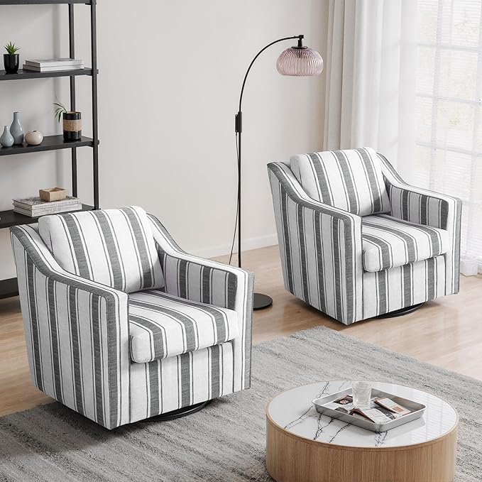 UIXE Swivel Accent Chairs Set of 2, Fabric Upholstered Arm Chair for Living Room, Modern Club Armchair Comfy Single Sofa Bedroom Reading Seat with Lumbar Pillow - Stripe Gray