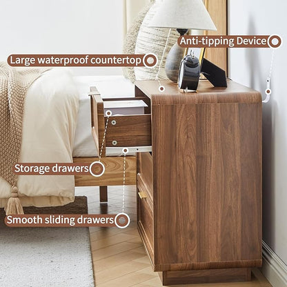 Modern Nightstand Set of 2 for Bedroom, 26'' Wide Wood 3 Drawers Bedside Table, Large Dresser w/Curved Profile Design, Side Table, End Table with Storage Drawers for Living Room, Entryway, Walnut
