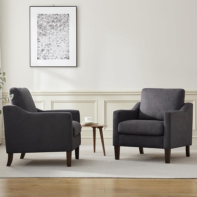 VKNOW Mid Century Modern Accent Chair, Upholstered Living Room Chairs Armchair for Bedroom, Comfy Reading Accent Chairs with Wood Legs for Living Room (2, Dark Grey)