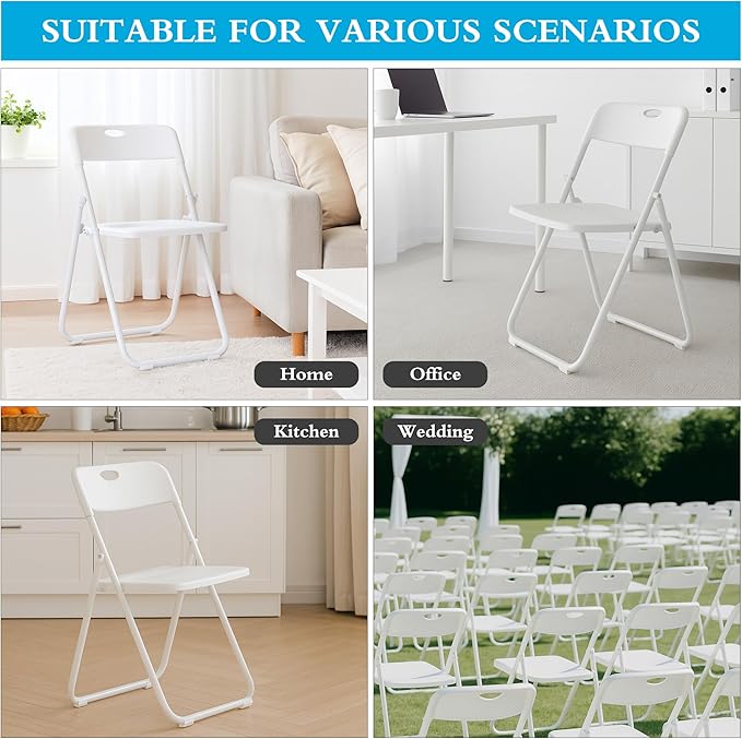 30 Pack White Plastic Folding Chairs, Indoor Outdoor Portable Stackable Commercial Seats with Steel Frame for Home Office Wedding Party Events Kitchen Dining, 350lb Capacity