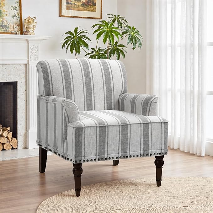 Pia Ricco Stripe Accent Chairs 2 Pack - Modern Nailhead Trim Armchairs with Wood Legs, Comfy Living Room Bedroom Home Office Seating-Gray