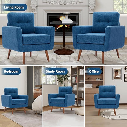 Tbfit Accent Chair, Reading Chair for Living Room & Bedroom, Mid Century Modern Arm Chair, Button Tufted Upholstered Accent Chairs Sofa with Solid Wood Frame (Blue)