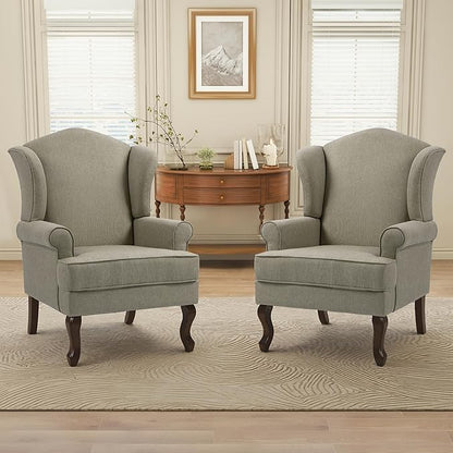 Pia Ricco Set of 2 High Back Accent Chairs: Upholstered Fabric Armchairs with Solid Wood Legs - Retro Living Room Pair, Comfy Reading Sofa Seats-Moss Grey