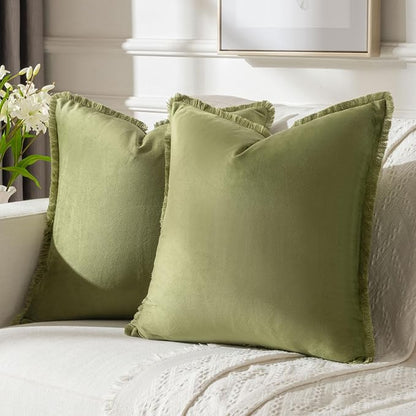 FUTEI Sage Green Velvet Decorative Throw Pillow Covers 18x18 Set of 2,Soft Cozy Edge with Tassels Cushion Case,Boho Modern Home Decor for Couch Bed Living Room