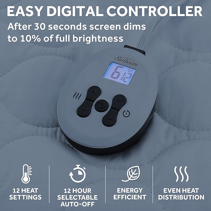 Sunbeam Electric Premium Water Resistant Restful Quilted Heated Mattress Pad, 12 Heat Settings, 12-Hour Selectable Auto Shut-Off, Fast Heating, Cozy Warming Bed, Queen, 60" x 80"