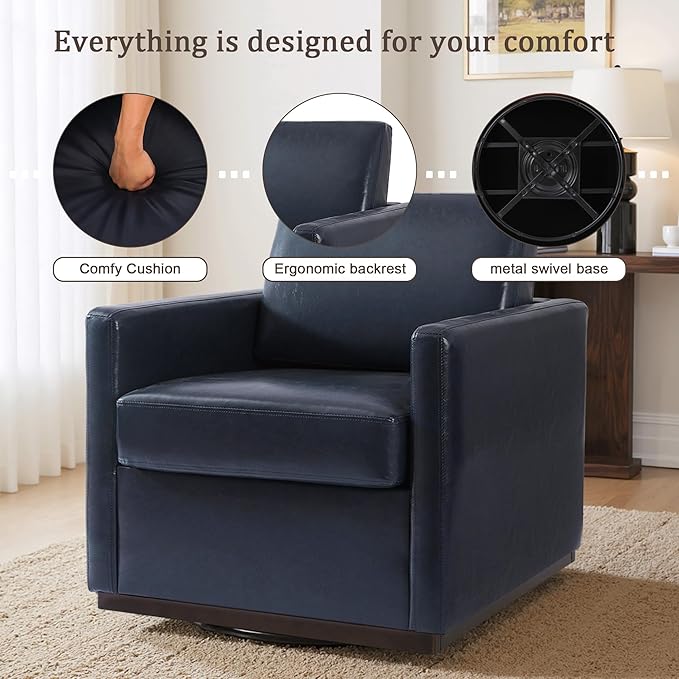 UIXE PU Leather Swivel Accent Chairs Set of 2, Upholstered Armchair Comfy Club Chair for Living Room, Mid Century Modern Arm Chair Single Sofa Nook Bedroom Side Reading Seat - Navy Blue