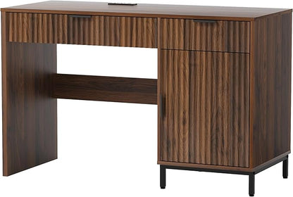 47" Fluted Executive Desk, Modern Wood Home Office Desk with Charging Station, Drawer & Cabinet, Computer Writing Desk for Work Study, Brown