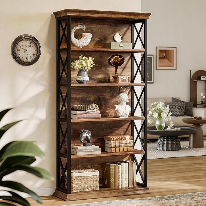 Tribesigns 71-Inch Tall Bookcase, 5-Tier Industrial Metal Bookshelf, Large Etagere Bookcases and Bookshelves, Freestanding Display Shelves for Living Room, Bedroom, Rustic Brown and Black