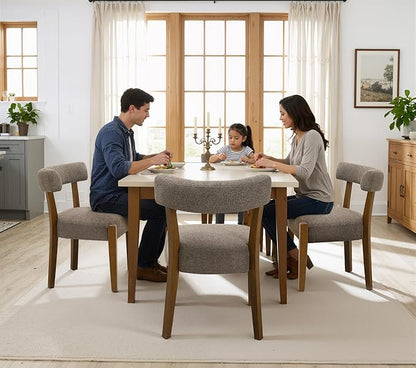 Modern Dining Chairs Set of 8, Walnut Upholstered Kitchen & Dining Room Chairs, Mid Century Wooden Dining Chairs Oversized Sturdy Fabric Rounded Chairs Curved Back, Tan Brown
