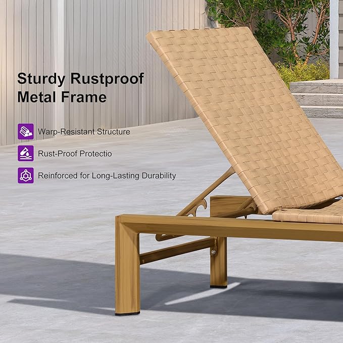PURPLE LEAF Patio Oversized Chaise Lounge Rattan Chair Set of 2 Outdoor Pool Adjustable Recliner Wicker Chairs for Outside Woven Furniture Tanning Poolside Lounger Sand Brown