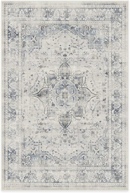 RUGGABLE Washable Vintage Area Rug – Sarrah Blue Quartz 6x9, Stain-Resistant, Non-Slip – Medium Machine Washable Rugs for Living Room, Bedroom, Hallway, Entryway & Office–with Cushioned Pad