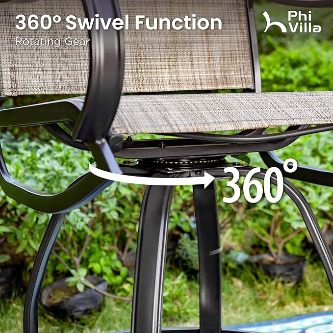 PHI Villa Outdoor Swivel Bar Stools Set of 8, Counter Height Patio Chairs with Waterproof Textile Fabric Brown, Rustproof Metal Frame & Circular Footrest for Poolside, Garden, Yard