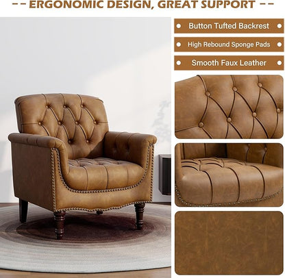 UIXE Faux Leather Accent Chairs Set of 2, Comfy Club Chair Upholstered Armchair for Living Room, Button Tufted Arm Chair Retro Single Sofa Side Reding Seat for Bedroom - Camel