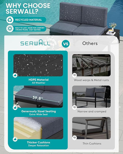 SERWALL HDPE Outdoor Sofa Set, All-Weather Patio Furniture Set, Seats 6, Modular Sectional Patio Furniture for Deck, Yard and Balcony, Black Frame with Grey Cushion