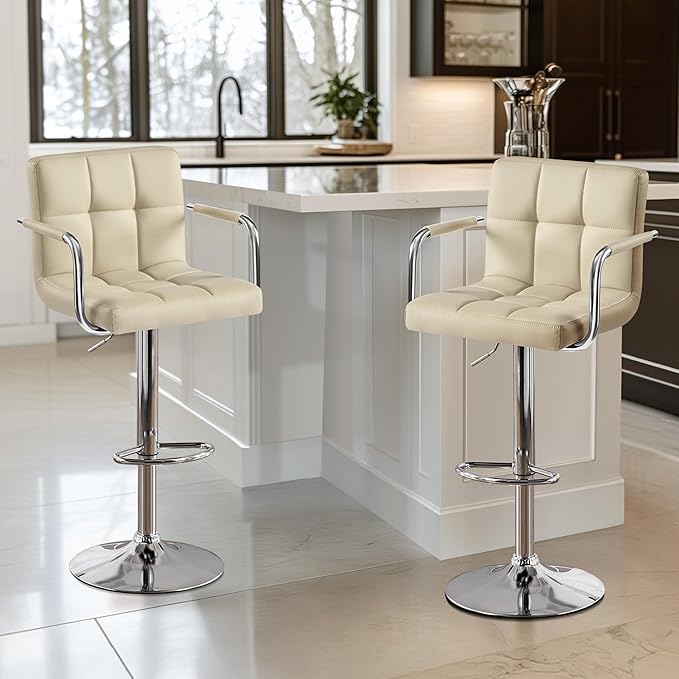 Yaheetech Bar Stools Set of 2, PU Leather Adjustable Swivel Barstools, Hydraulic Kitchen Counter Height Chairs with Armrest and Back for Kitchen, Dining Room, Khaki