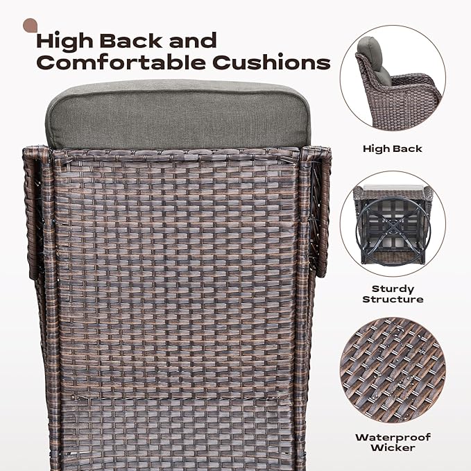 Rilyson Wicker Outdoor Patio Furniture Set - 5 Piece Patio Conversation Sets with Swivel Rocker Chairs, Ottomans and Side Table, 6 inch Cushions, Waterproof Wicker, for Porch Deck Brown/Grey