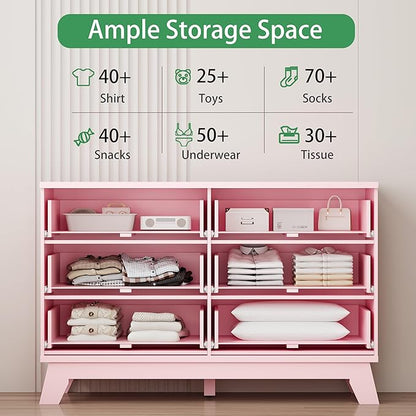 Fluted Dresser for Bedroom with 6 Drawers, 48" Wide Modern Chest of Drawers with Metal Handle, Wooden Dresser TV Stand, Wood Closet Clothes Storage Drawer Organizer for Living Room, Hallway, Pink