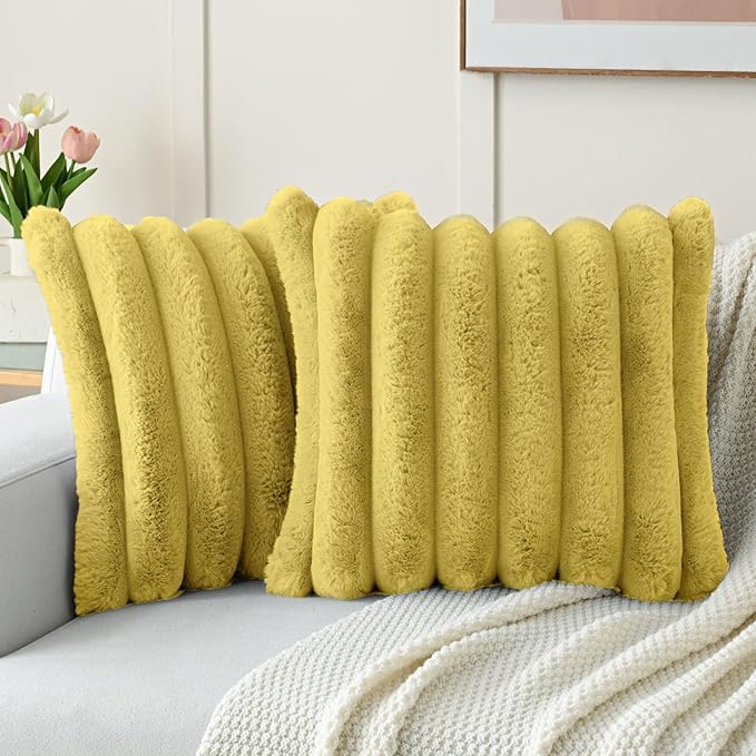 FUTEI Mustard Yellow Decorative Throw Pillow Covers 20x20 Inch Set of 2, Square Soft Faux Rabbit Fur Big Striped Cushion Cover,Home Decor for Couch Sofa Bed Living Room