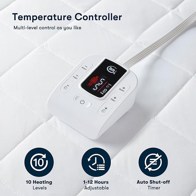 Serta Multi-Zone Heated Mattress Pad – Single Controller for Personalized Body & Foot Warmth, 10 Heat Settings, Auto Shut-Off, Soft Microfiber, Machine Washable, 15" Deep Pocket – Twin XL Size