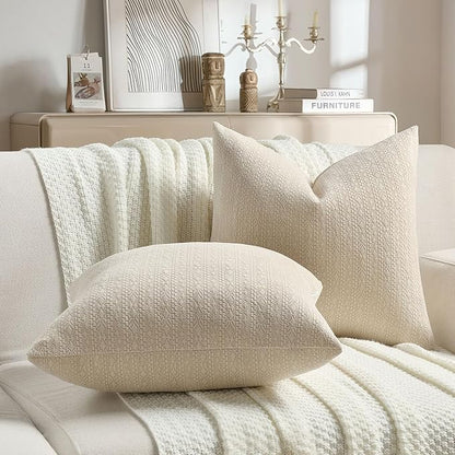 FUTEI Beige Chenille Throw Pillow Covers 26x26 Inch Set of 2,Soft Striped & Diamond Textured Euro Pillow Shams,Modern Home Decor for Couch Living Room