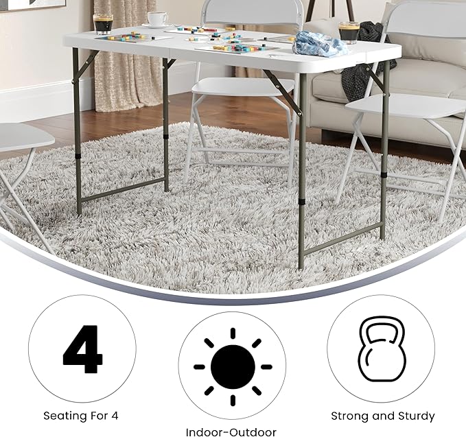 Flash Furniture 4' Rectangular Plastic Folding Event Table with Adjustable Legs and Carrying Handle, Bi-Fold Portable Banquet Table for Indoor/Outdoor Events, White