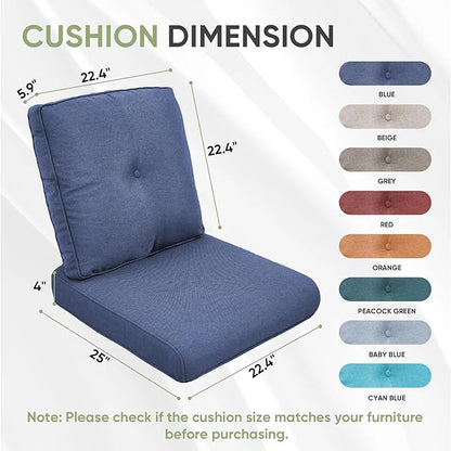 Outdoor Chair Cushion Set, 25 x 22 Deep Seat Cushion, Patio Chair Cushions for Outdoor, Include 1 Seat Cushion and 1 Back Cushion, Blue