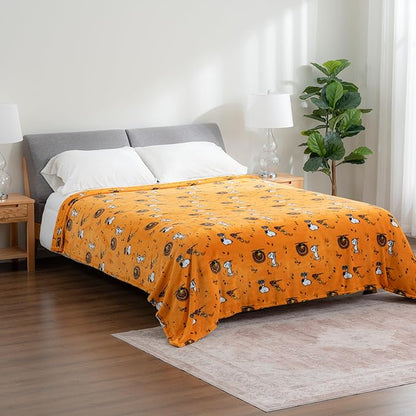 Berkshire Blanket Peanuts® VelvetLoft® Cute Character Snoopy Plush Blanket,Snoopy and Woodstock Fall Birds & Leafs Orange,King 90 in x 108 in (Official Peanuts® Product)