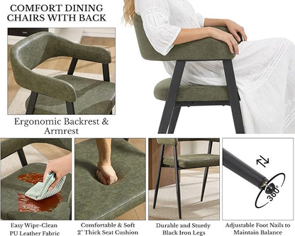 HNY Modern Dining Room Arm Chairs Set of 4, Green Retro Faux Leather Upholstered Barrel Dining Chairs with Arms Mid-Century Accent Chair with Metal Legs, Open-Back Kitchen Side Chairs for Living Room