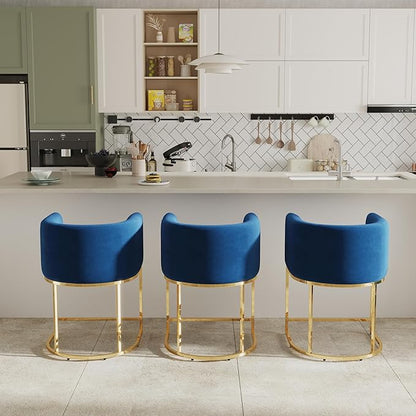 Contemporary Blue Velvet Bar Stools Set of 3, 24" Upholstered Fabric Counter Height Barstools Kitchen Counter Island Stools with Golden Metal Base