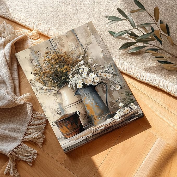 HLXRAE Framed Rustic Farmhouse Bathroom Wall Art, Vintage Country Floral Still Life Wall Decor, White Daisy Canvas Painting, Shabby Chic Flower Poster Print for Living Room Bedroom Kitchen 12"x16"