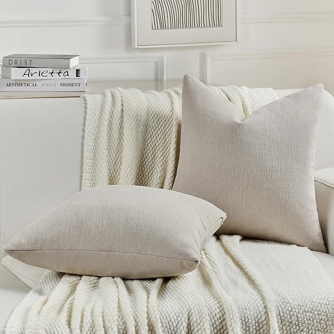 FUTEI Oatmeal Chenille Decorative Throw Pillow Covers 26x26 Inch Set of 2,Soft Cozy Faux Linen Textured Euro Pillow Shams,Farmhouse Home Decor for Couch Living Room