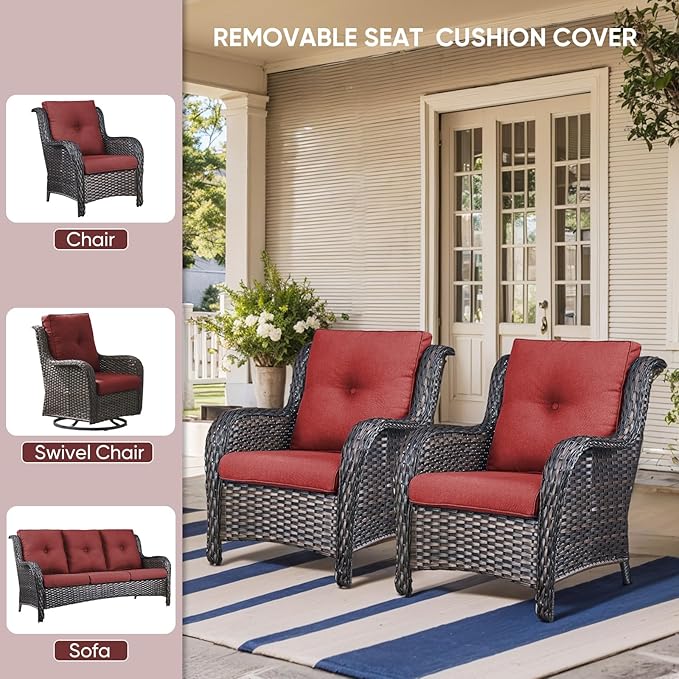7-Piece Outdoor Patio Cushion Set - Fade & Water Resistant with Removable Olefin Cover, 22x24x4 Inch Memory Foam Cushions for Wicker Sectional Sof - Red/Buckle