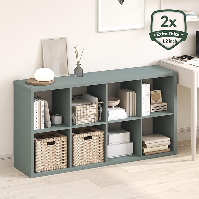 Furinno Cubicle Book Shelf, 8-Cube Thick Frame Bookshelf, Horizontally & Vertically Reversible Bookcase with Open Back, 14.6" x 30" x 57.9", for Living Room, Bedroom, Home Office, Sage Green