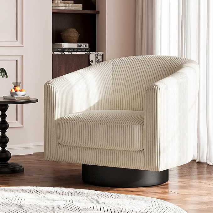 360° Swivel Accent Chairs, Modern Bucket Chair, Corduroy Barrel Armchair, Comfy Boucle Chair, Single Sofa for Living Room Bedroom. Cream White