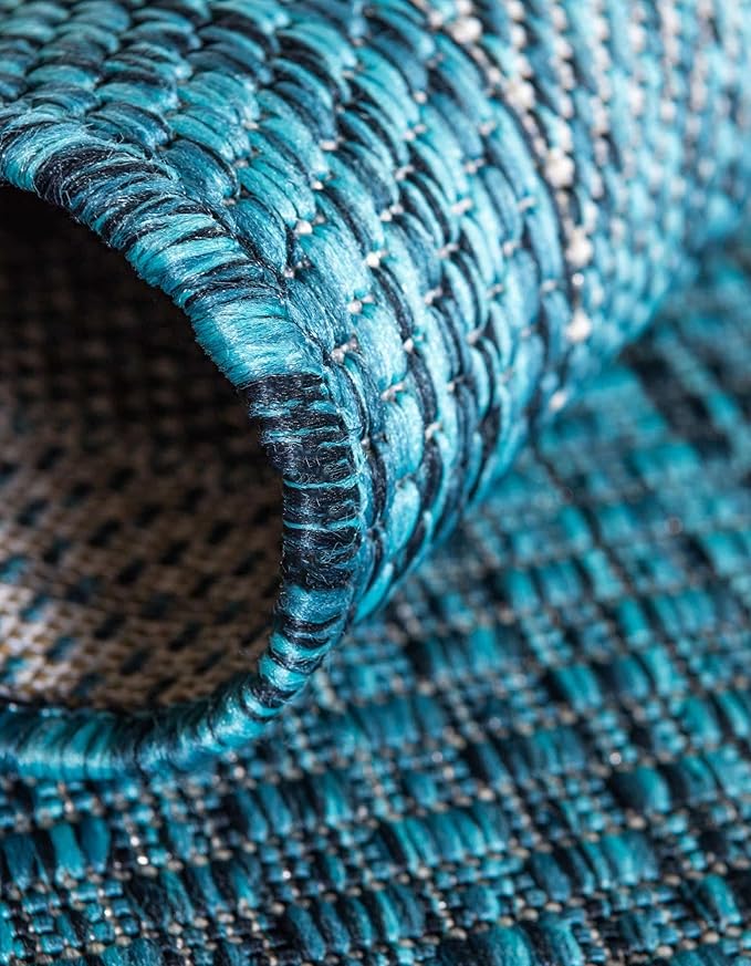 Unique Loom Outdoor Border Collection Area Rug - Soft Border (7' 10" Round, Teal/ Ivory)