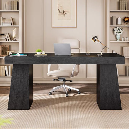 55.9 in Executive Desk with Power Outlets, Modern Home Office Desk with Storage Cabinet, Wood Computer Desk Business Workstation Desk Conference Table, Black (Storage Cabinet)