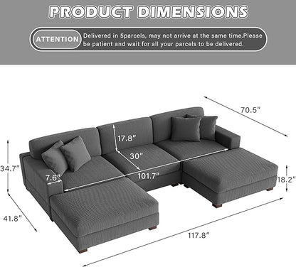 Modular Sectional Couches for Living Room, 118" Modern Upholstered Sofa Couche with Ottoman for Living Room Bedroom, Grey