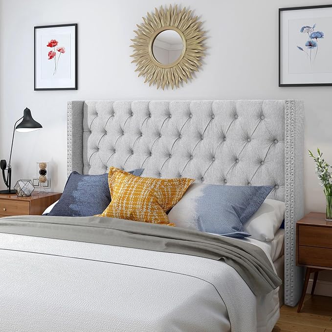 Lucky Monet Linen Upholstered Headboard Queen Size (Headboard Only), Nail Head Trim Wingback Tufted Button Headboard Luxury Soft Padded Head Board with Durable Metal Legs, Adjustable Height, Grey