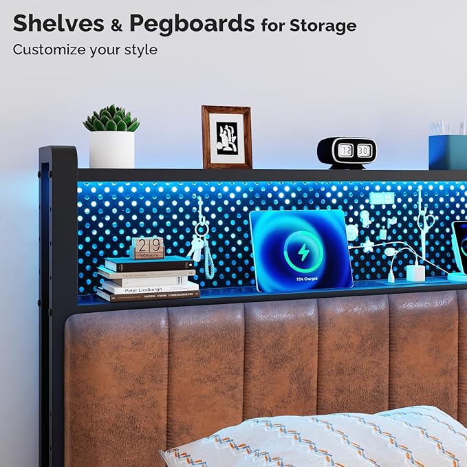 VINGLI Twin or Twin XL Size Headboard, Adjustable Upholstered Headboard with 2 Tier Shelves and Pegboard with Charging Stations and LED Lights, Modern Bed Headboard with Storage for Bedroom Decor