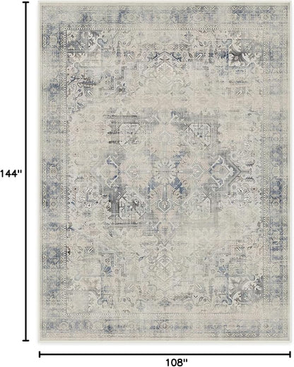 RUGGABLE Washable Vintage Area Rug – Kamran Blue Quartz 9x12, Stain-Resistant, Non-Slip – Large Machine Washable Rugs for Living Room, Bedroom, Hallway, Entryway & Office–with Standard Pad