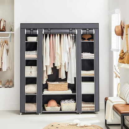 SONGMICS Closet Wardrobe, Portable Closet for Bedroom, Clothes Rail with Non-Woven Fabric Cover, Clothes Storage Organizer, 59 x 17.7 x 69 Inches, 12 Compartments, Gray ULSF03G