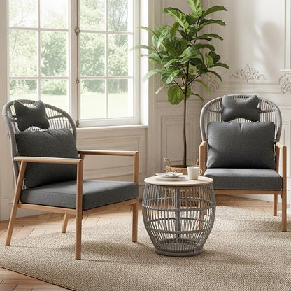 Modern Living Room Chairs, Accent Chairs Set of 2 with Coffee Table, Comfy Arm Chair with Cushions/Headrest, Reading Lounge Chair, Rattan Recliner Seating, Braid Armchair for Bedroom, Grey