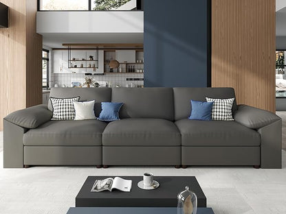 EASE MOOSE 3 Seater Deep Seat Sectional Sofa, Scratch Resistant Faux Leather Material, Oversized Modular Couch for Living Room,Modern Comfy Sofas for Small Spaces,Grey