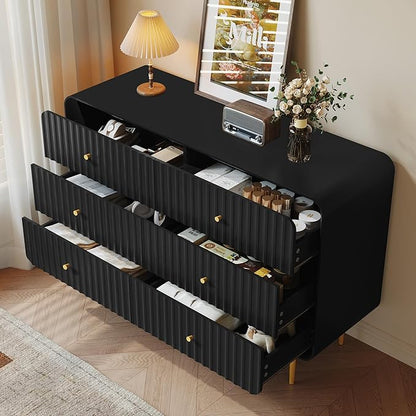 HLR Black Dresser for Bedroom,48'' Wide Wood Chests of Drawers,Modern Fluted 6 Drawer Dresser with Gold Metal Handles,Clothes Deep Drawer Dressers Storage for Living Room,Hallway