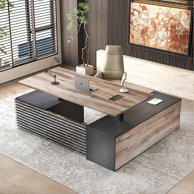70.87" L Shaped Standing Executive Desk and 63" lateral File Cabinet, Large Adjustable Heigh Office Computer Desk with 3 Drawers,2.3" Desktop,Business Workstation,Black and Warm Oak