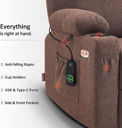 MCombo Power Lift Recliner Chair for Elderly, Lift Chair with Heat and Massage, FSC Certified, USB&Type C Ports, Cup Holders, Fabric 7040 (Medium,Coffee)