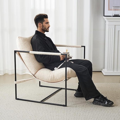 Furnilivng Large Sling Accent Chairs Set of 2, Comfortable Boucle Fabric Arm Chair, Upholstered Cozy Reading Chair for Living Room, Bedroom, Dressing Room, Home Office, White