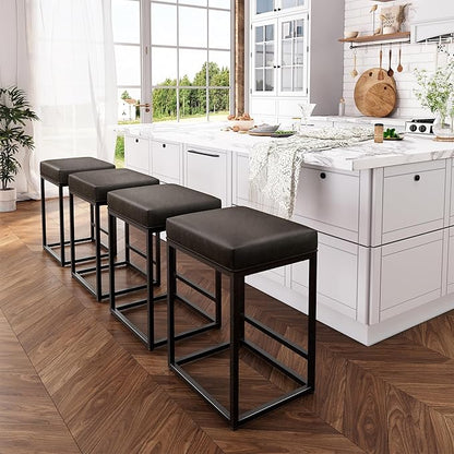 ALPHA HOME 24 Inch Counter Height Bar Stools Set of 3, Upholstered Bar Stools for Kitchen Island, Counter Stools with Faux Leather Cushion and Sturdy Metal Frame, Modern Barstools, Grey